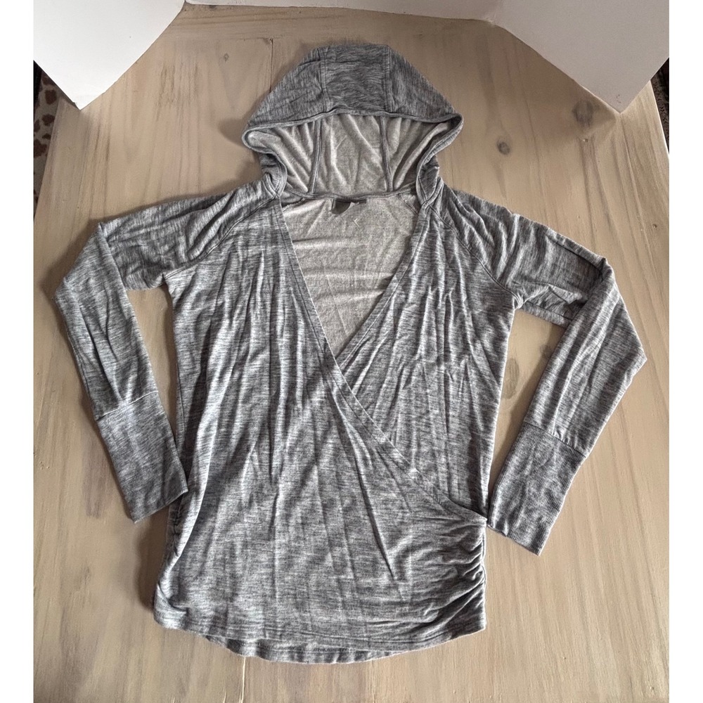 Athleta Gray‎ Heathered Wrap Front Hooded Top Long Sleeve Thumbholes Small